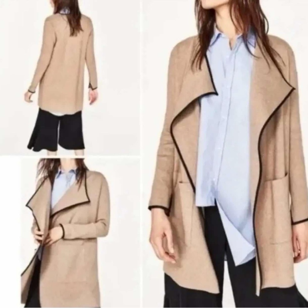 Zara Knit Waterfall Open Cardigan Size: Medium | Color: Tan with Black Trim*